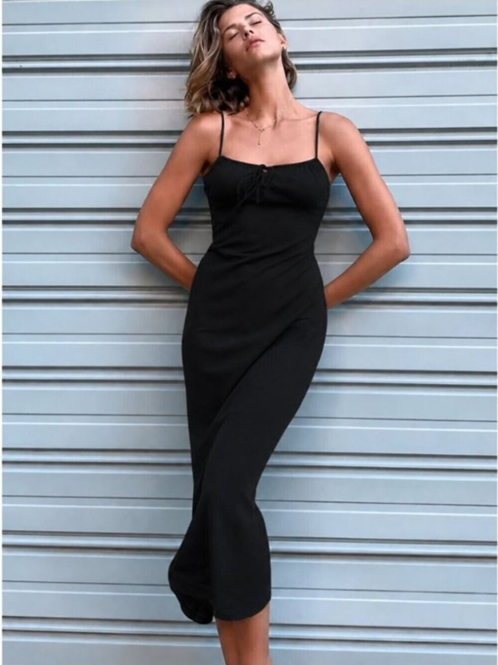 Aritzia Wilfred Bellow Crepe Midi Dress Gathered Bust Drape Black Size 4